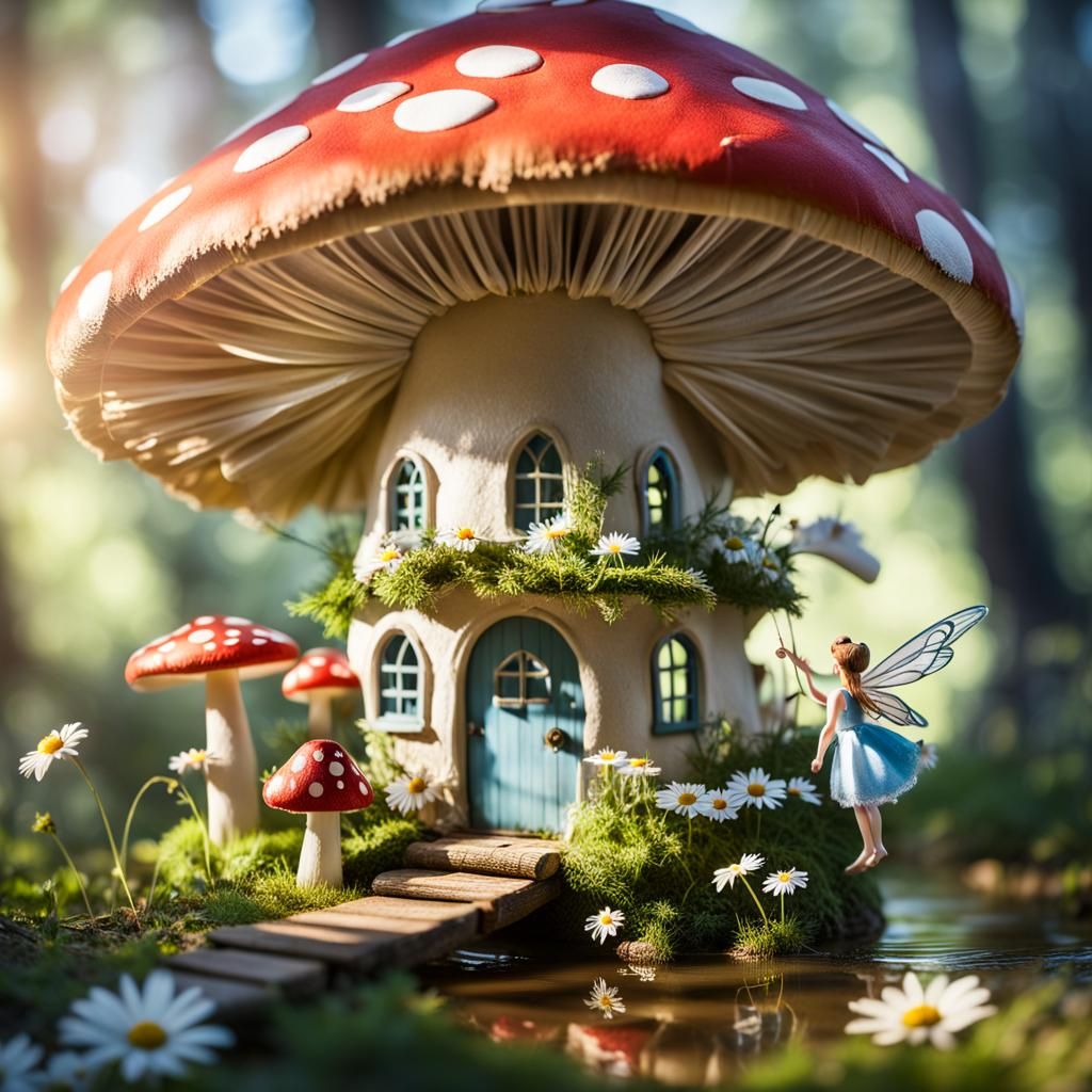 Fairies in Woodland Scene with Toadstool House