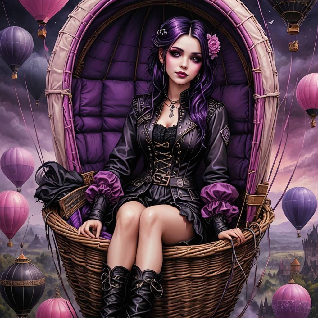 Goth Woman in Hot Air Balloon, Fantasy Art
