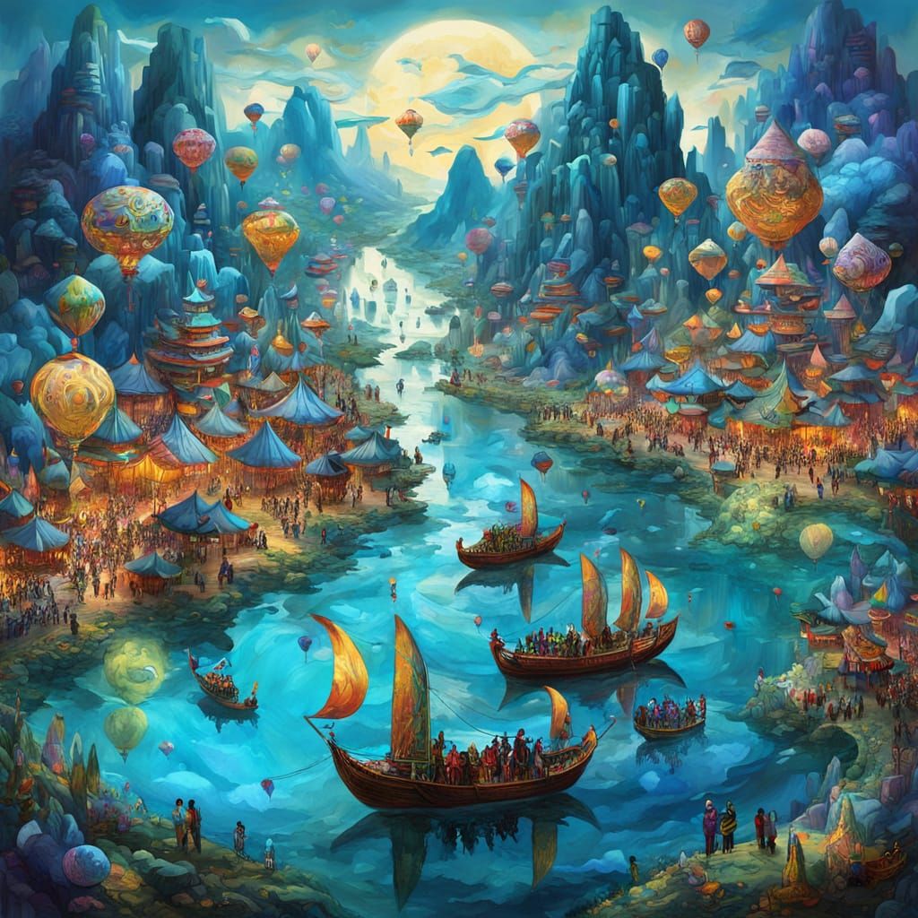 Fantasy Festival Parade with Masks and Floating Islands