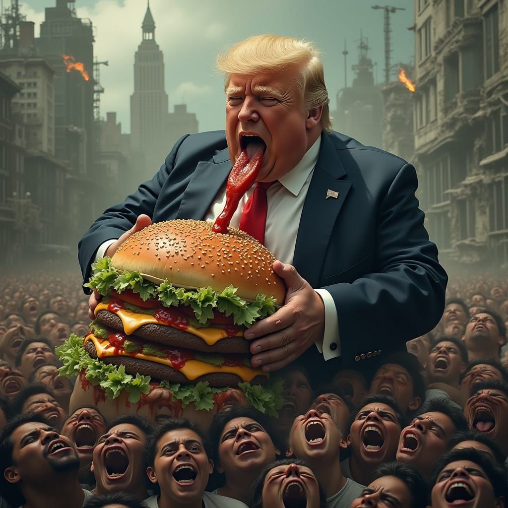 Morbidly Obese Donald Trump Amidst Dystopian Chaos