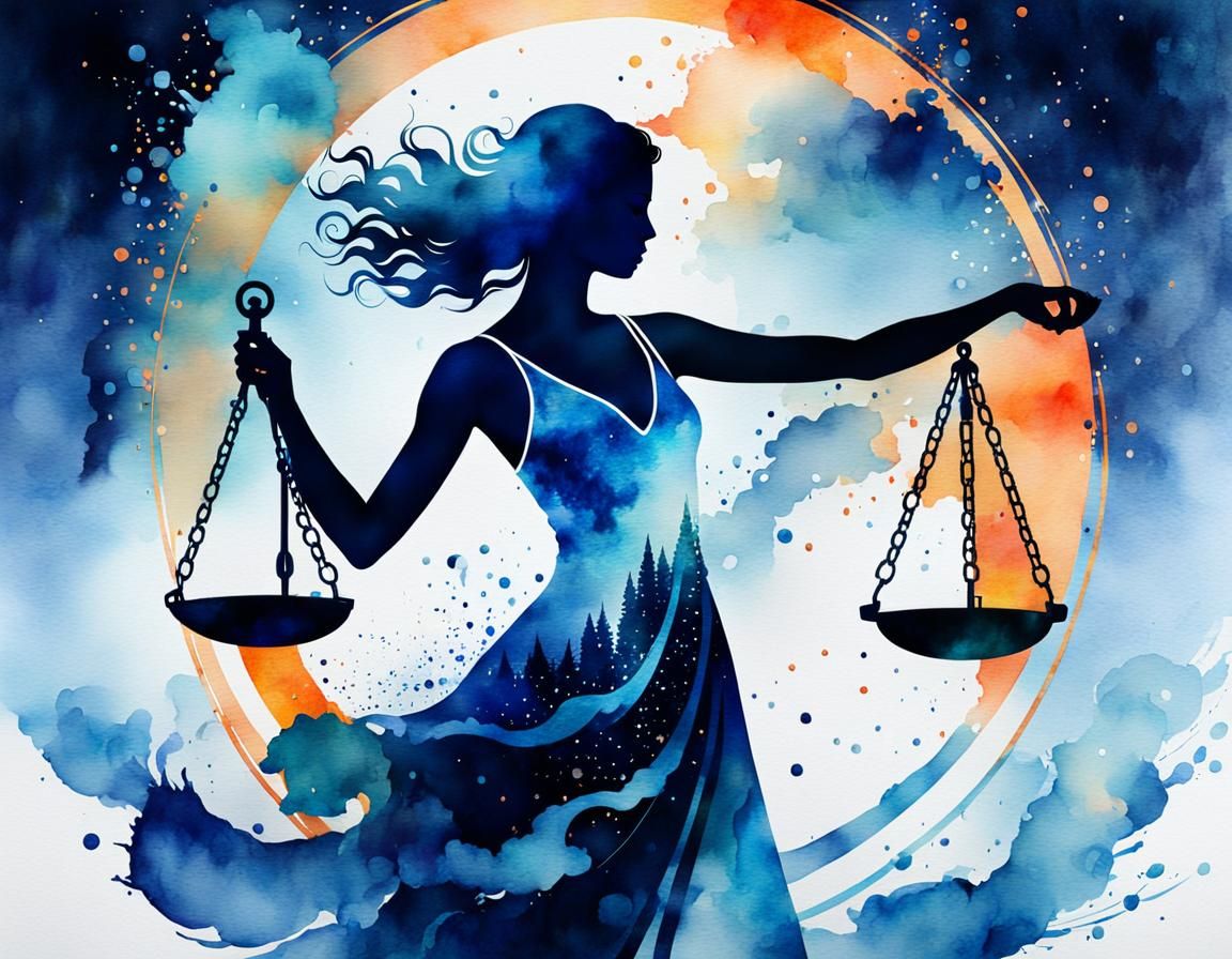 Libra Zodiac Sign in Watercolor Double Exposure