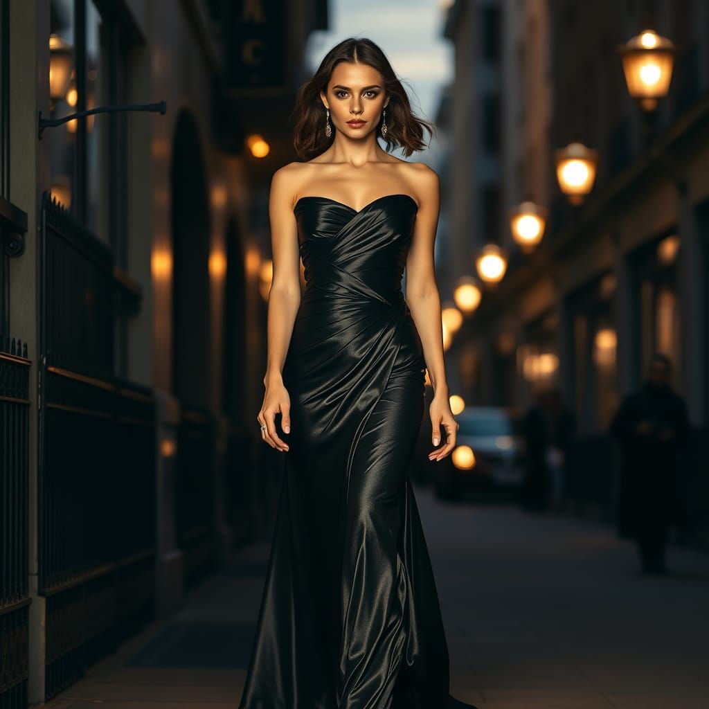 Elegant Woman Strolls Down a Golden Evening Street in Haute ...