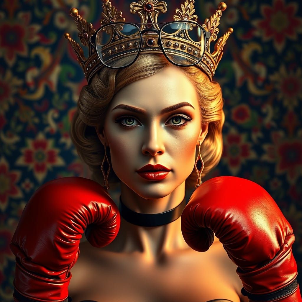 Cyberpunk Queen in Royal Regalia with Broken Glasses