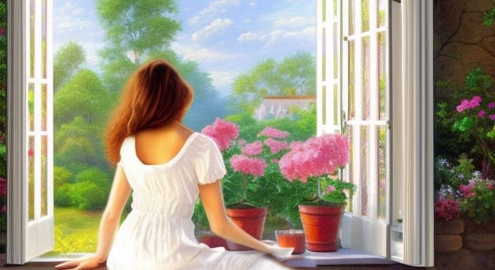 Woman in White Dress: Garden View in Oil Paint Style