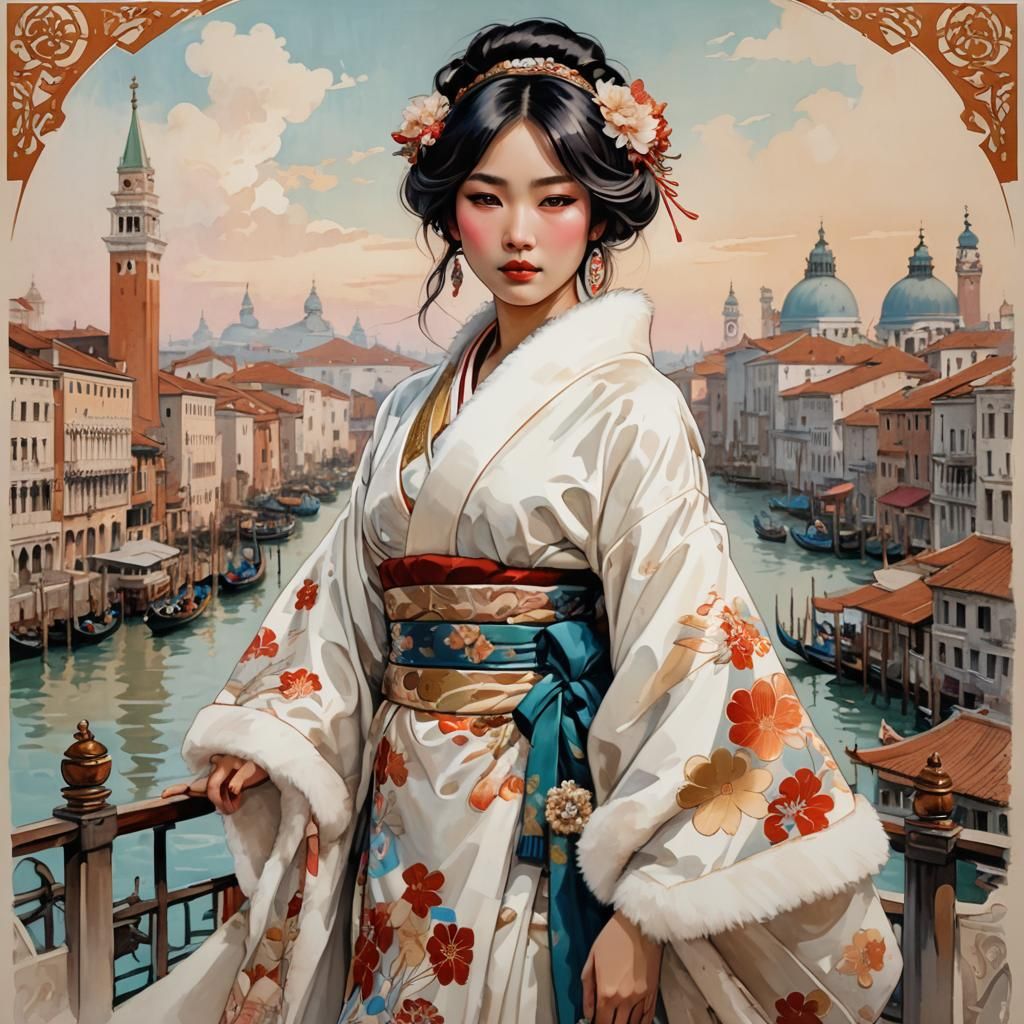 Asian Beauty in Venice, Alfons Mucha Style