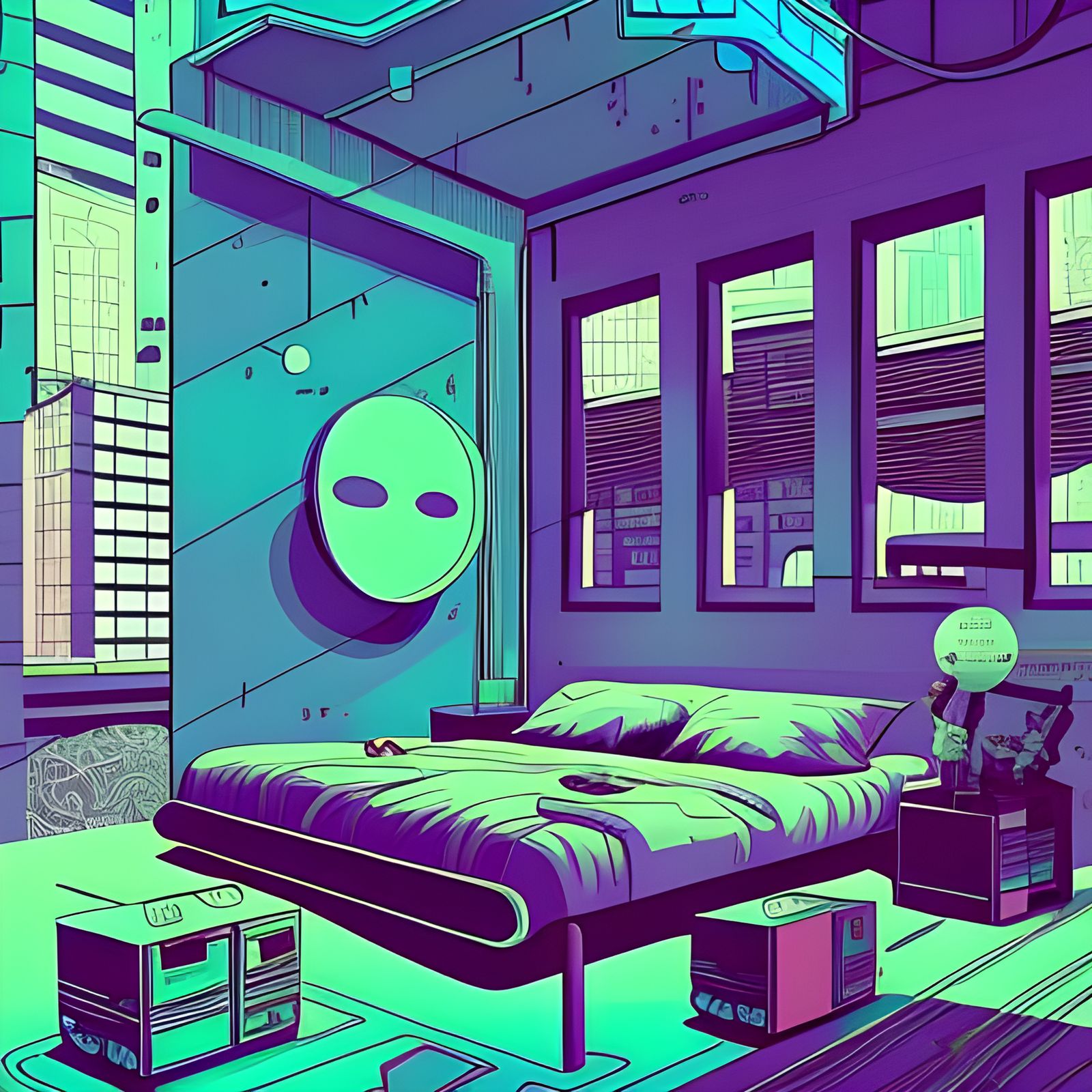 Cyberpunk Loft Bedroom Illustration