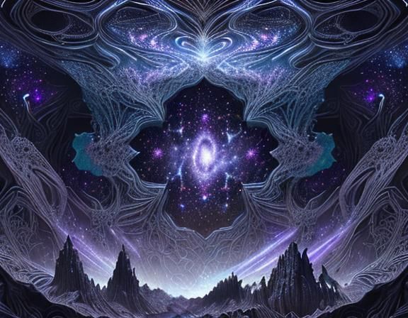 Vivid Cosmic Garden with Nebulas in Fine Line Drawing