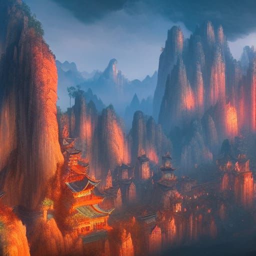 Detailed Matte Painting of China in Deep Color