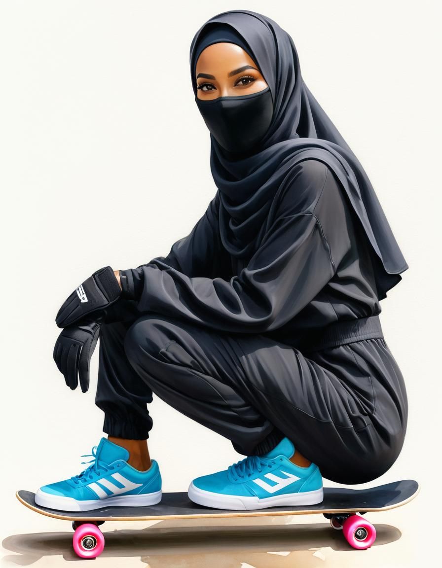 Beautiful Hijabi Girl on Skateboard, Watercolor Portrait