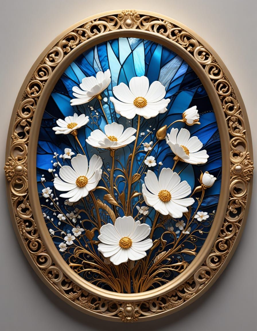 Stained Glass Floral Art in Oval Gold Frame