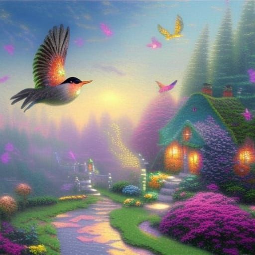 Ethereal Glitter Bird in a Fantasy Landscape