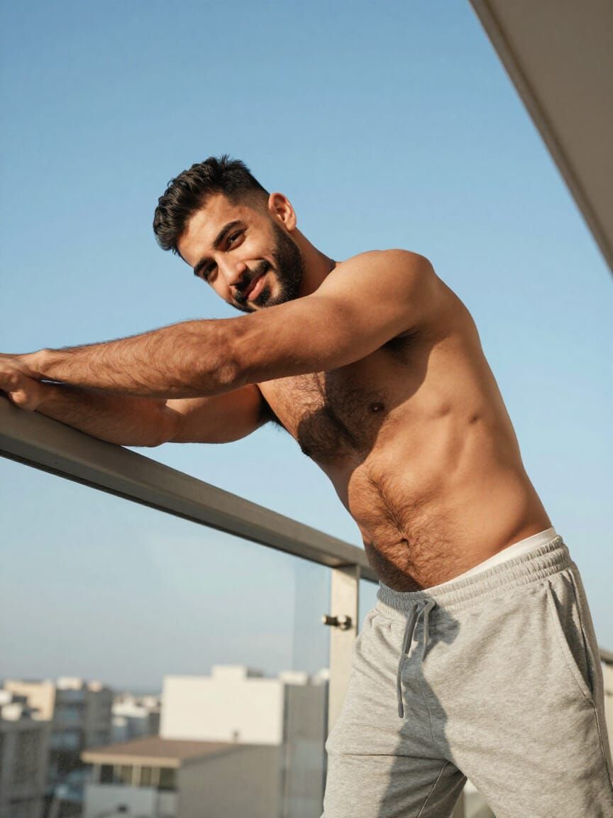 Man Stretching on Balcony in Natural Light