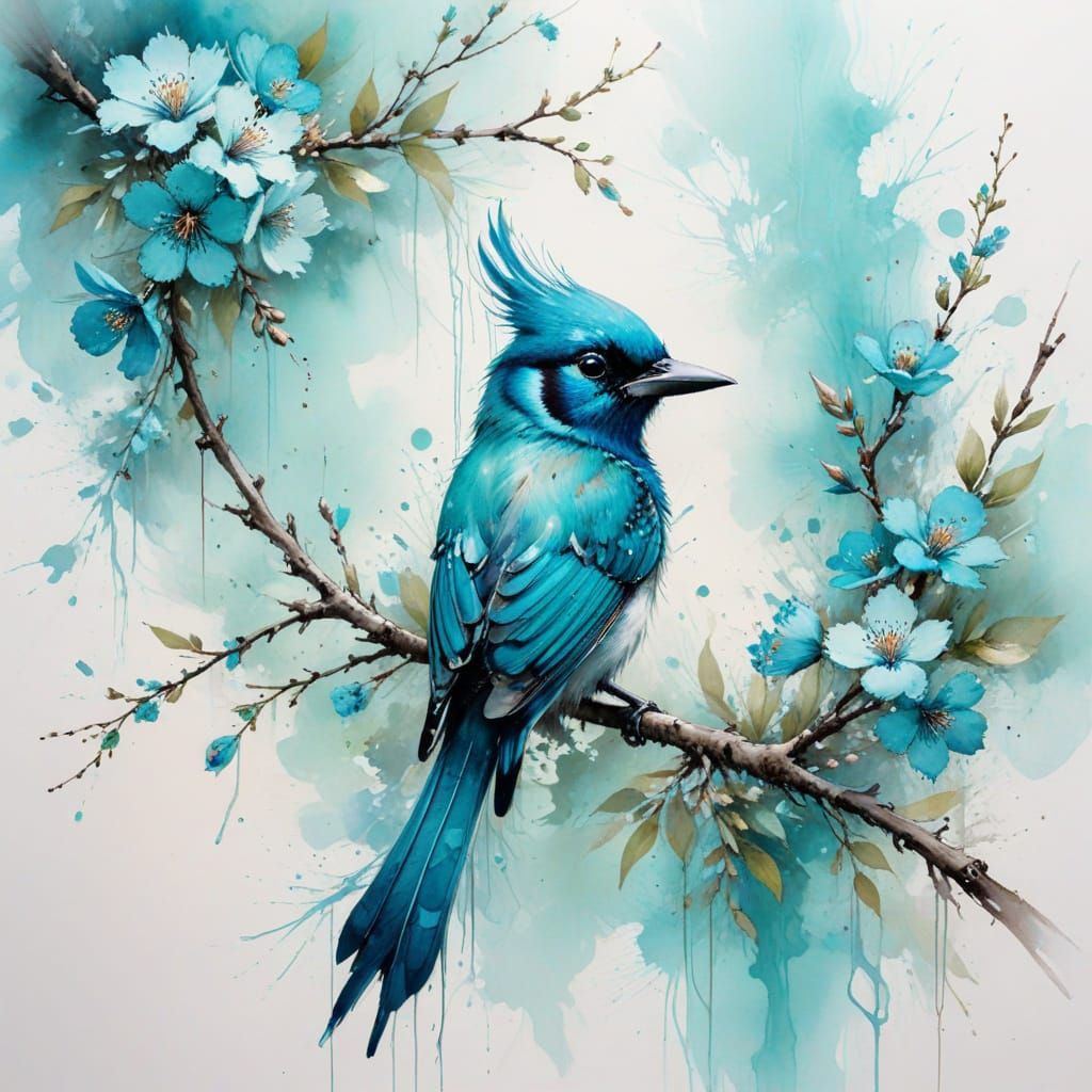 Turquoise Jay Bird on Blossom Branch Watercolour