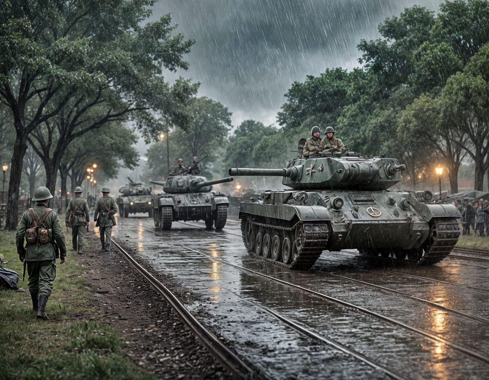 World War Era Soldiers and Tanks in Gloomy Setting