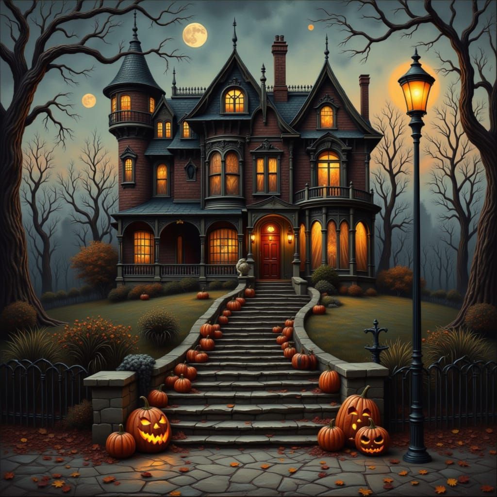 Gothic Victorian Mansion at Twilight with Halloween Decor