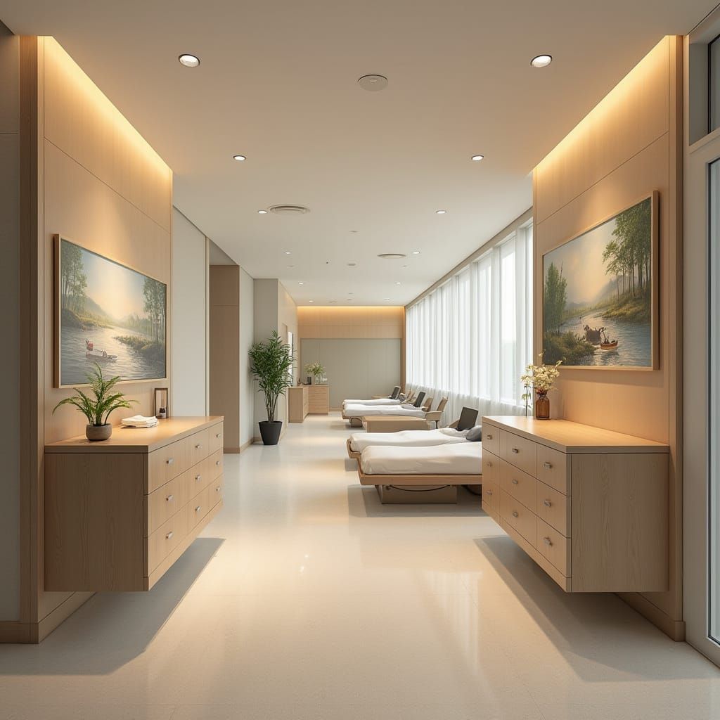 Tranquil Modern Hospital Interior with Calming Artwork
