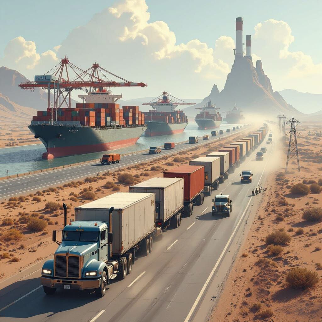 Futuristic Truck Convoy on a Dusty Highway