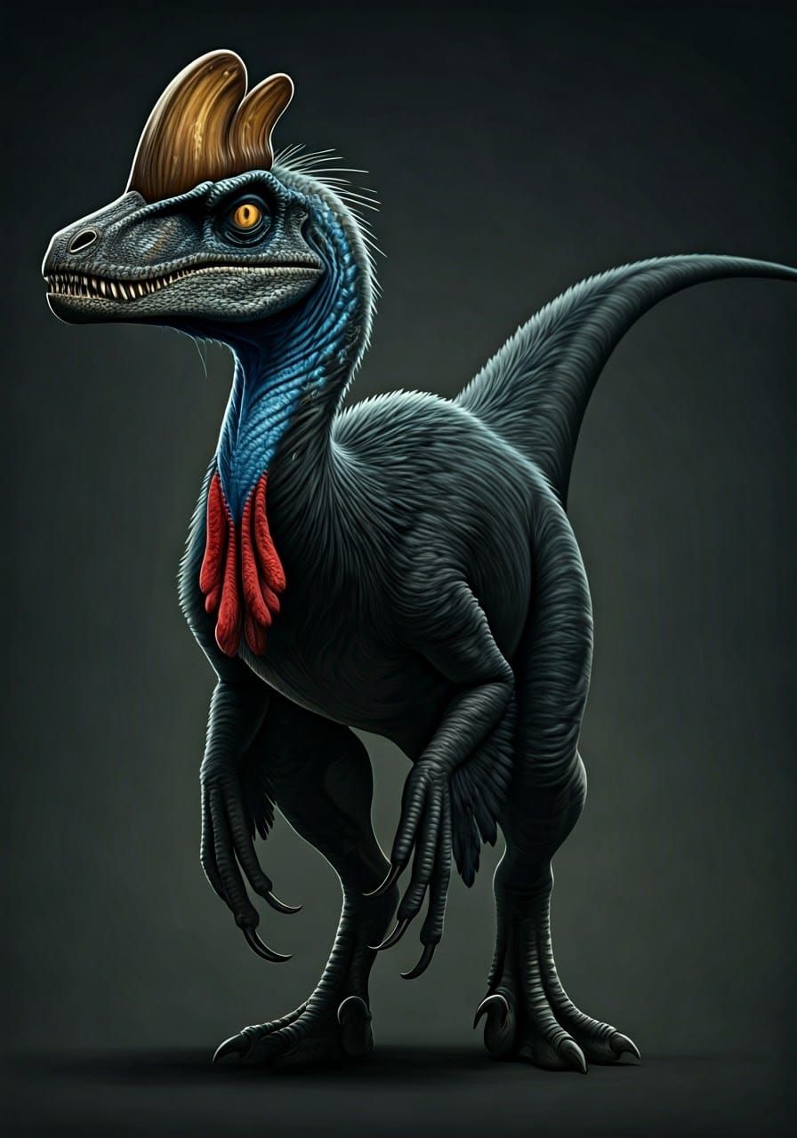 Fierce Cassowary-Inspired Velociraptor with Vibrant Plumage