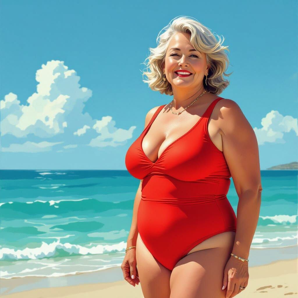 Smiling Woman in Red Swimsuit on Sunny Beach