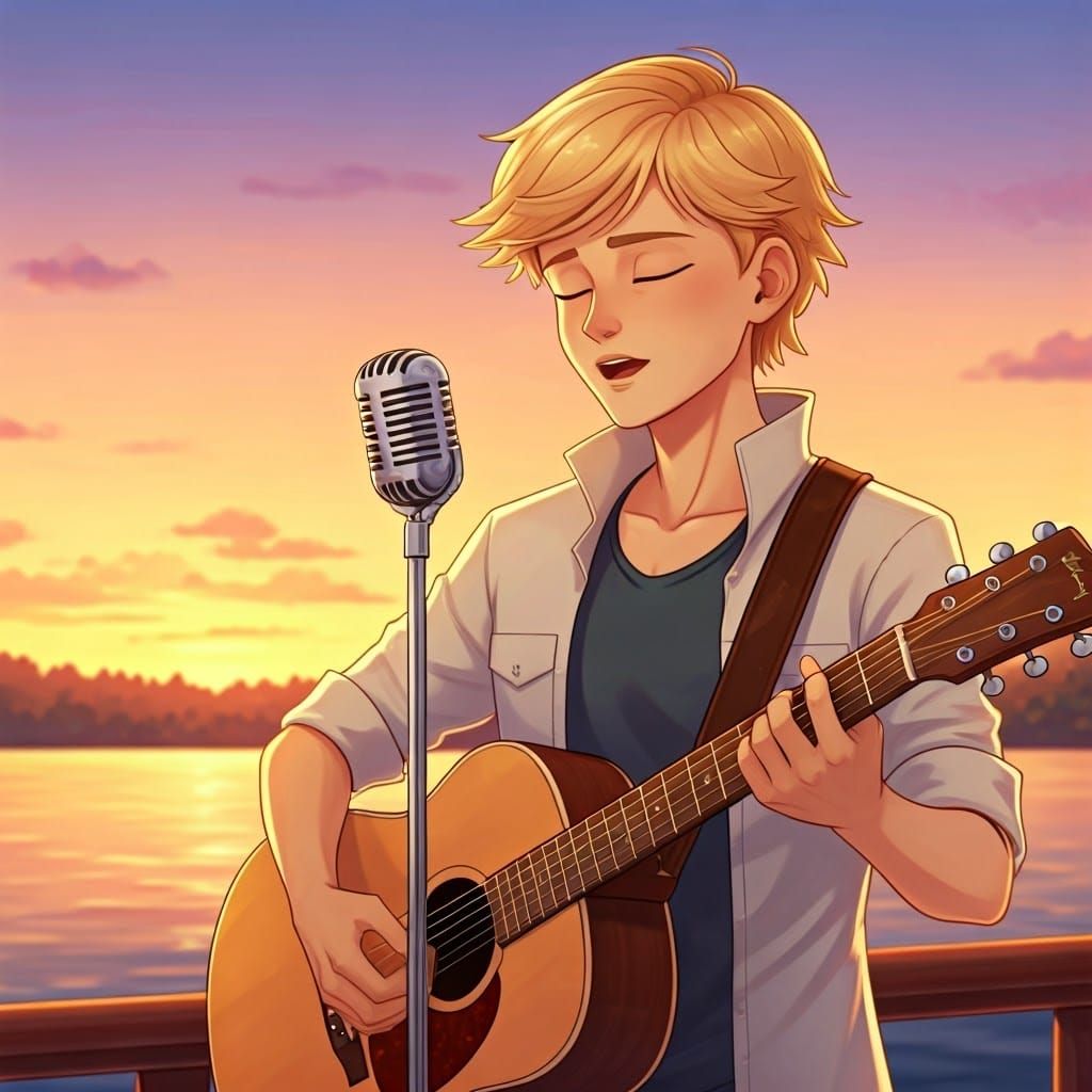 Adrien Agreste Sings at Sunset, Expressive Illustration