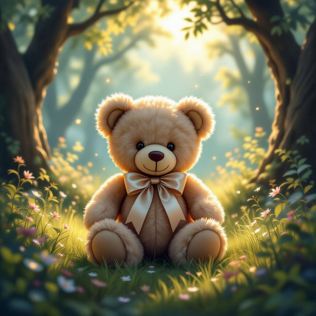 Teddy Bear in Mystical Forest with Ethereal Light