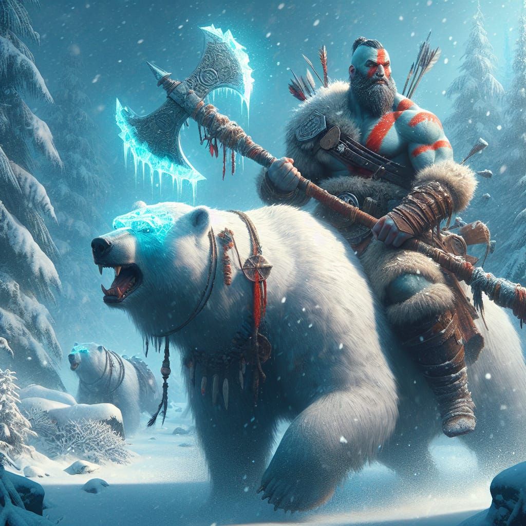 Warlike Warrior Rides Glowing Polar Bear through Snowy Winte...