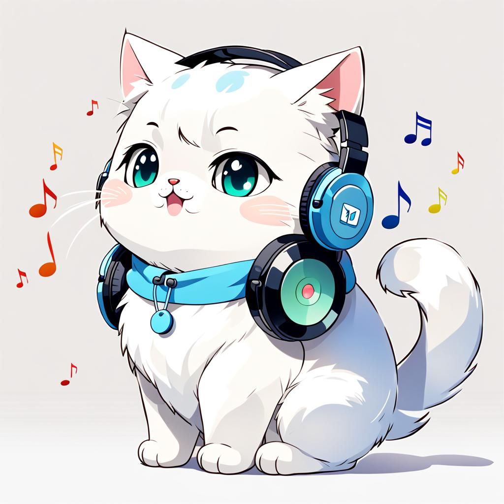 Cute White Cat Listening to Music: Anime Style