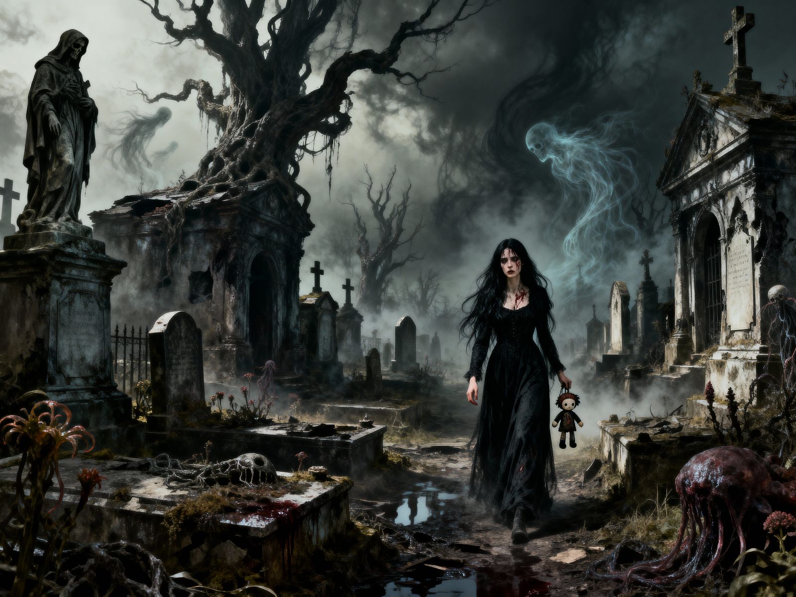 Gothic Horror Cemetery With Ghostly Woman and Decay
