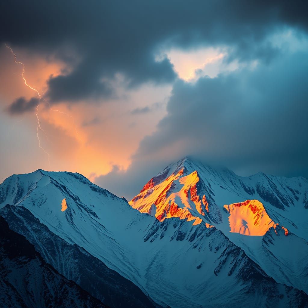 Snowy Mountains with Lightning in Cinematic Style