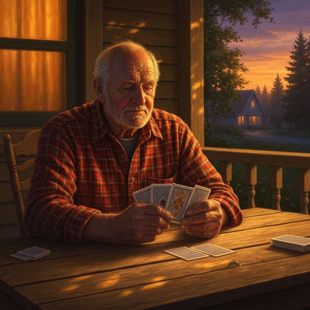 Old Man Playing Cards on Porch in Warm Kinkade Style