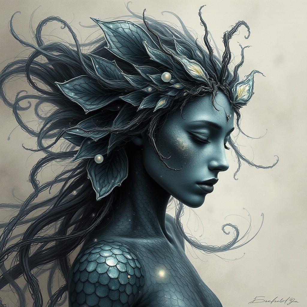 Surreal Water Nymph in Ethereal Charcoal Drawing
