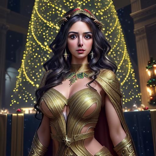 Beautiful Greek Lady by Christmas Tree