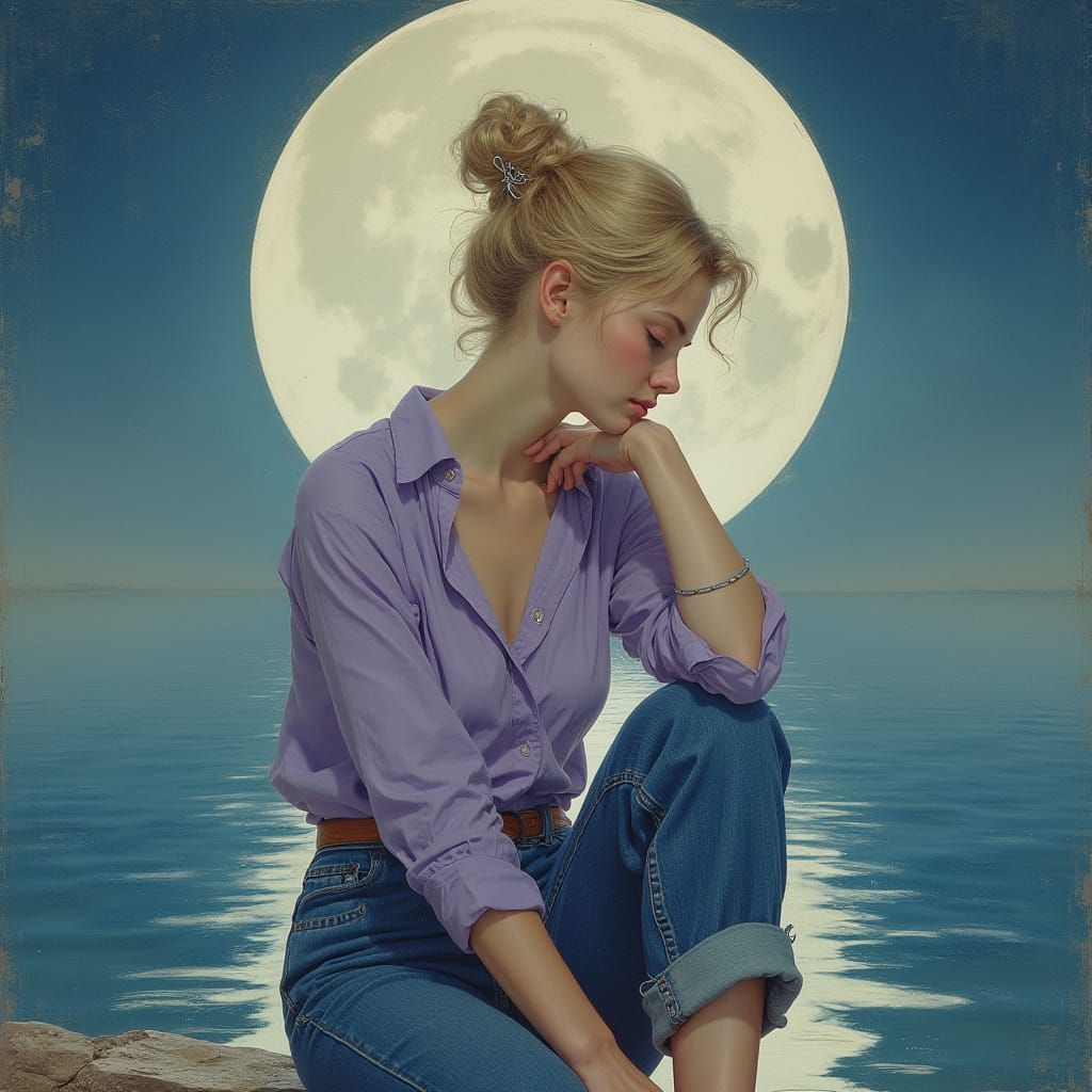 Woman by Lake in Art Nouveau Style