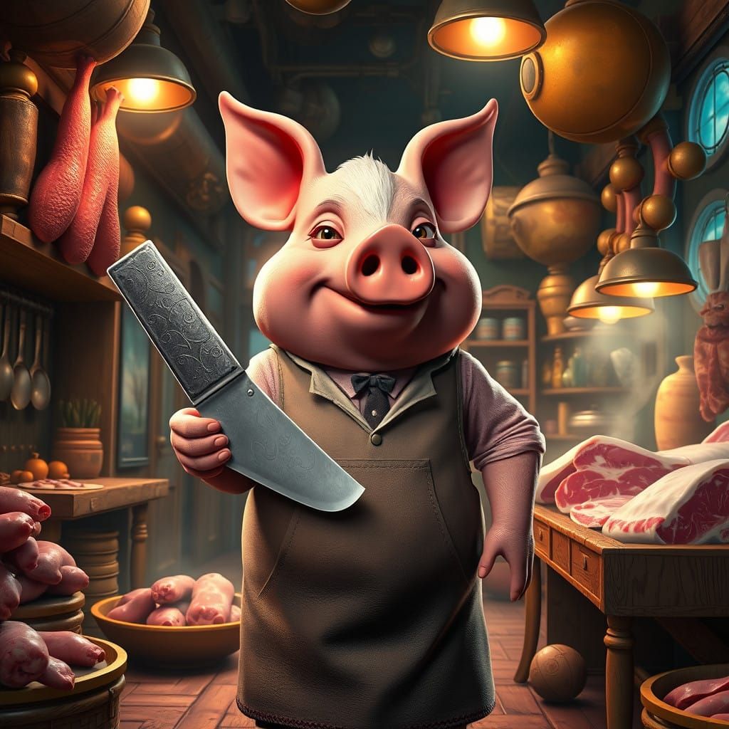 Steampunk Pig in Butcher's Apron: Whimsical, Detailed Art