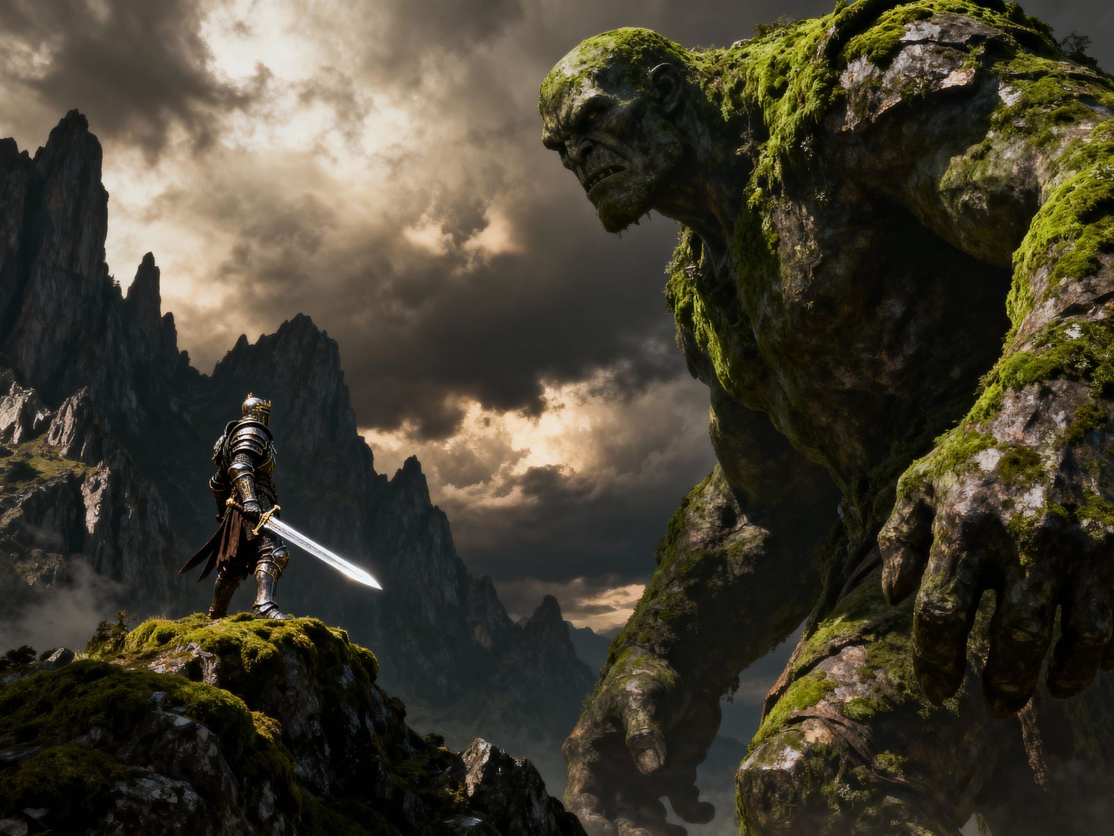 Epic Dark Fantasy Warrior Confronts Giant