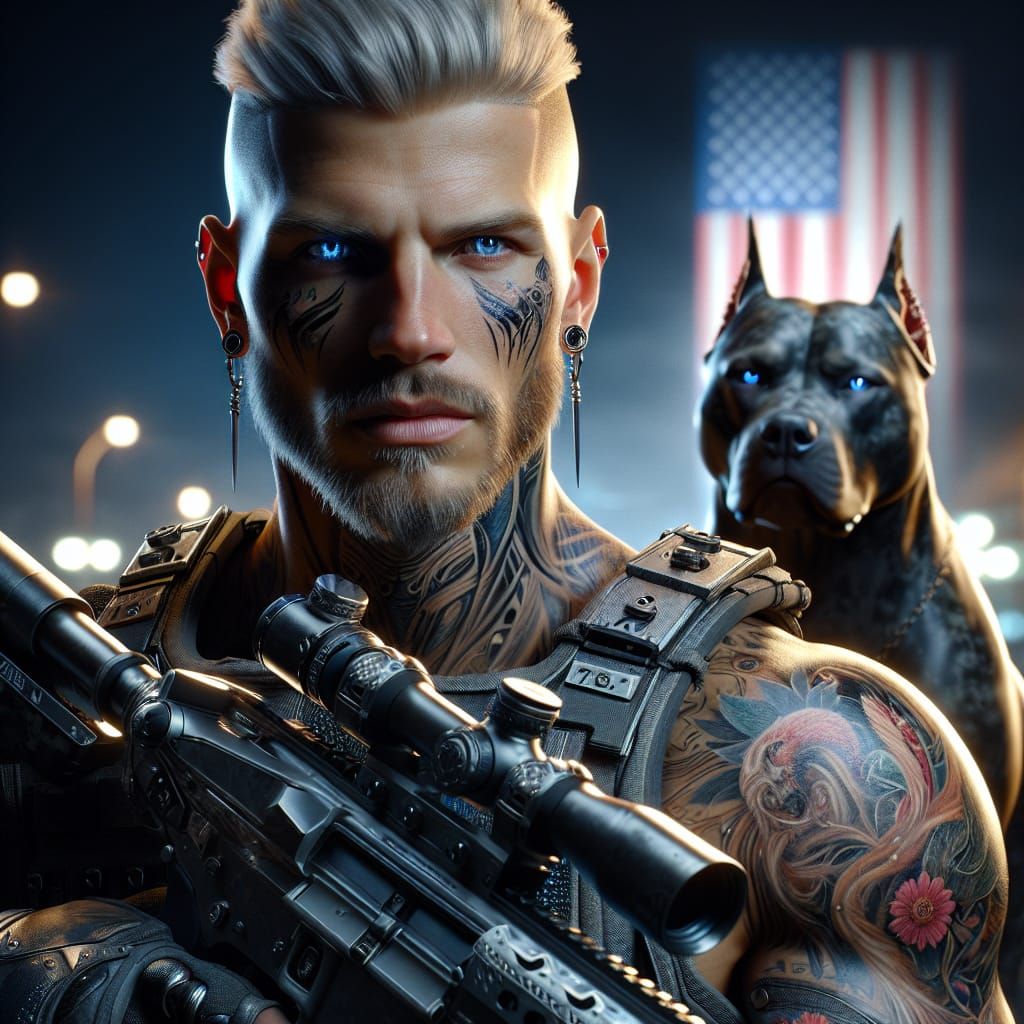American Soldier with Pitbull Companion in 3D