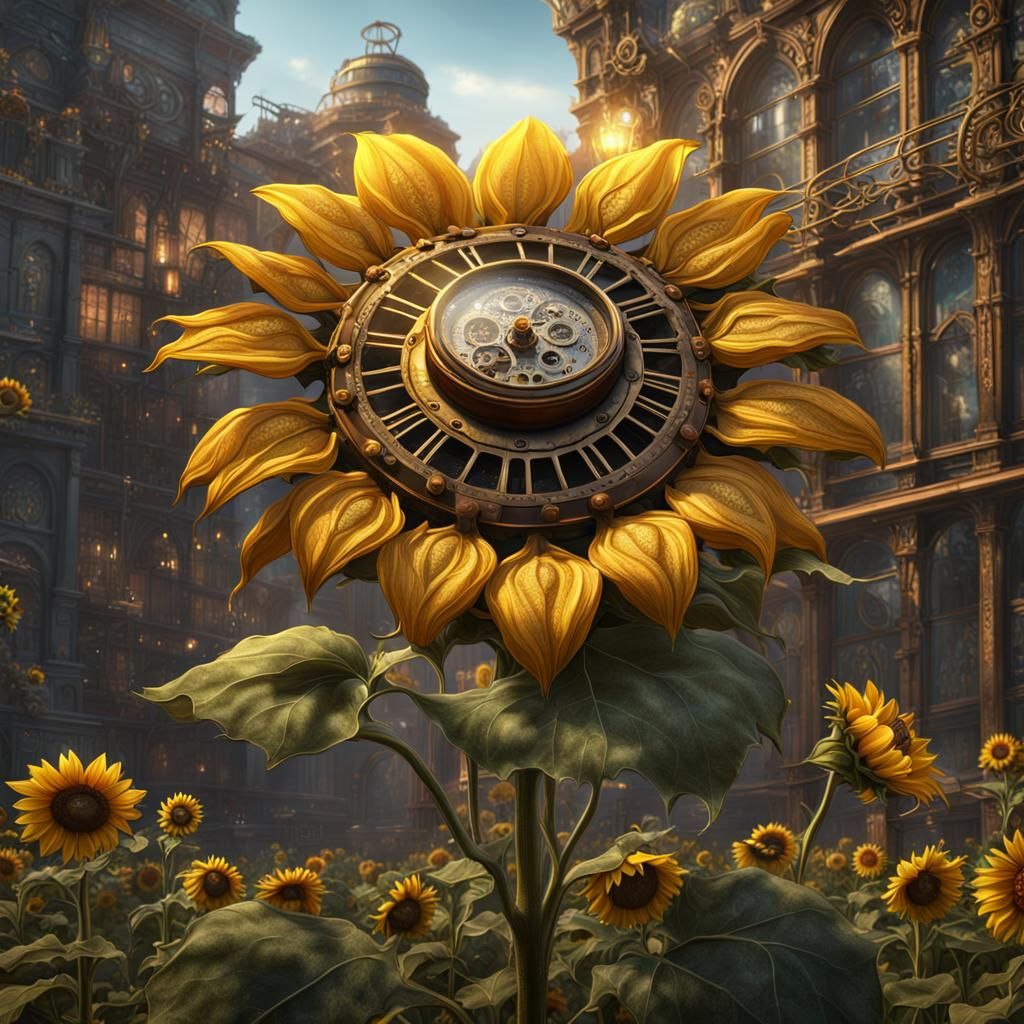 Steampunk Sunflower in Detailed Matte Painting Style