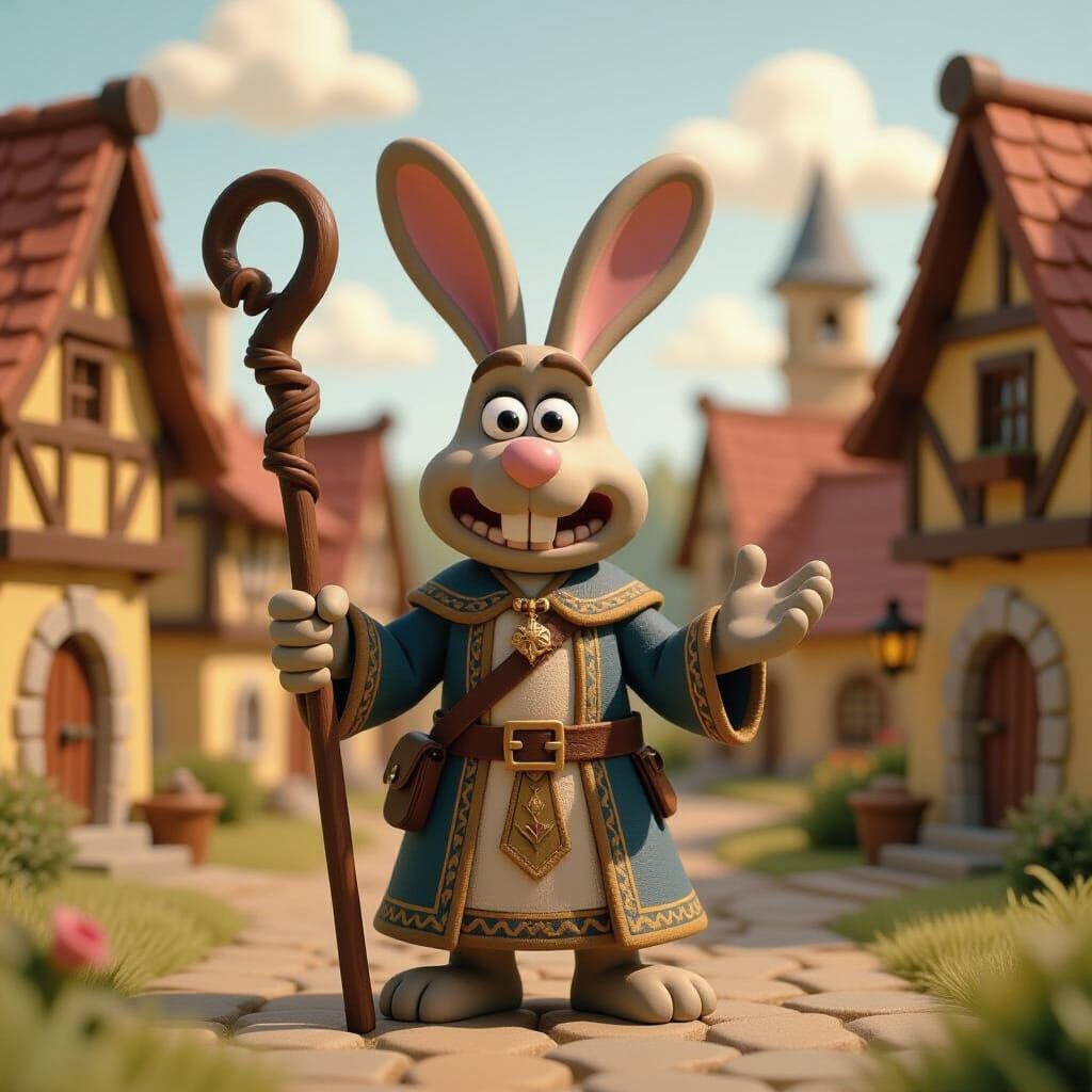 Claymation Rabbit Cleric in Medieval Village