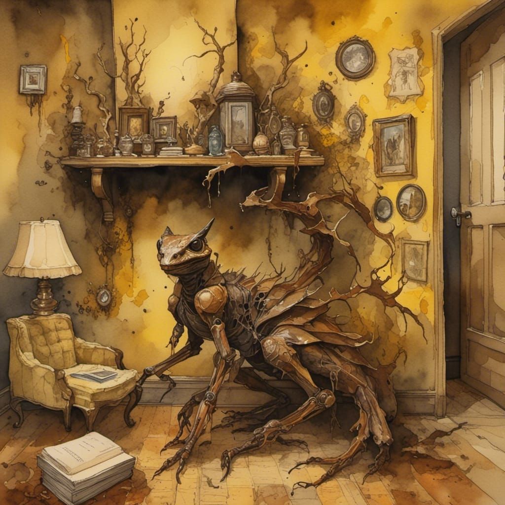 Strange Creature in Yellow Bedroom, Watercolor Gouache Paint...