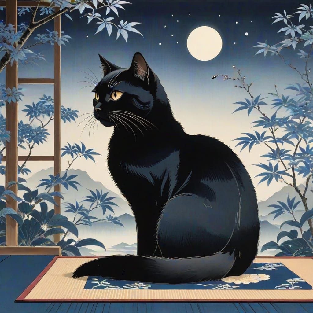 Elegant Japanese Cat in a Moonlit Garden