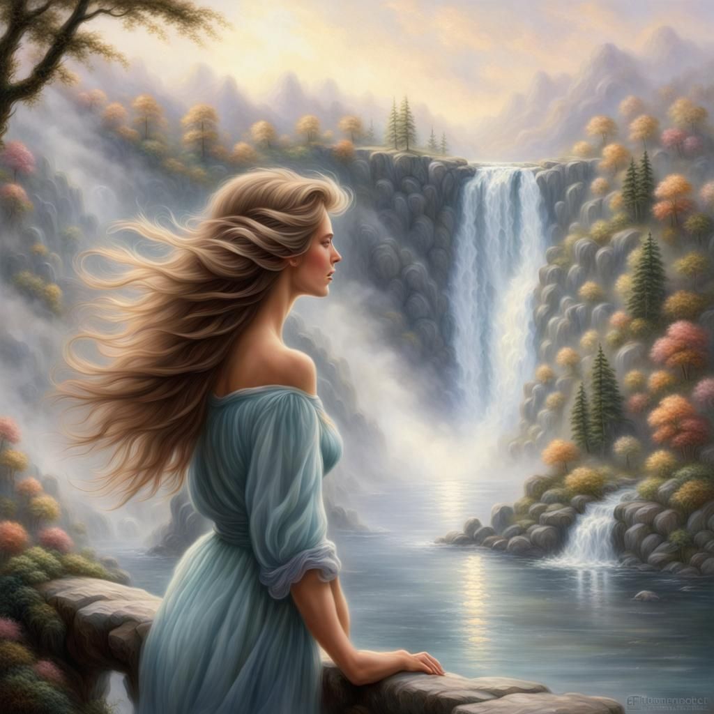 Ethereal Woman at Lakeside Waterfall in Hyperrealism
