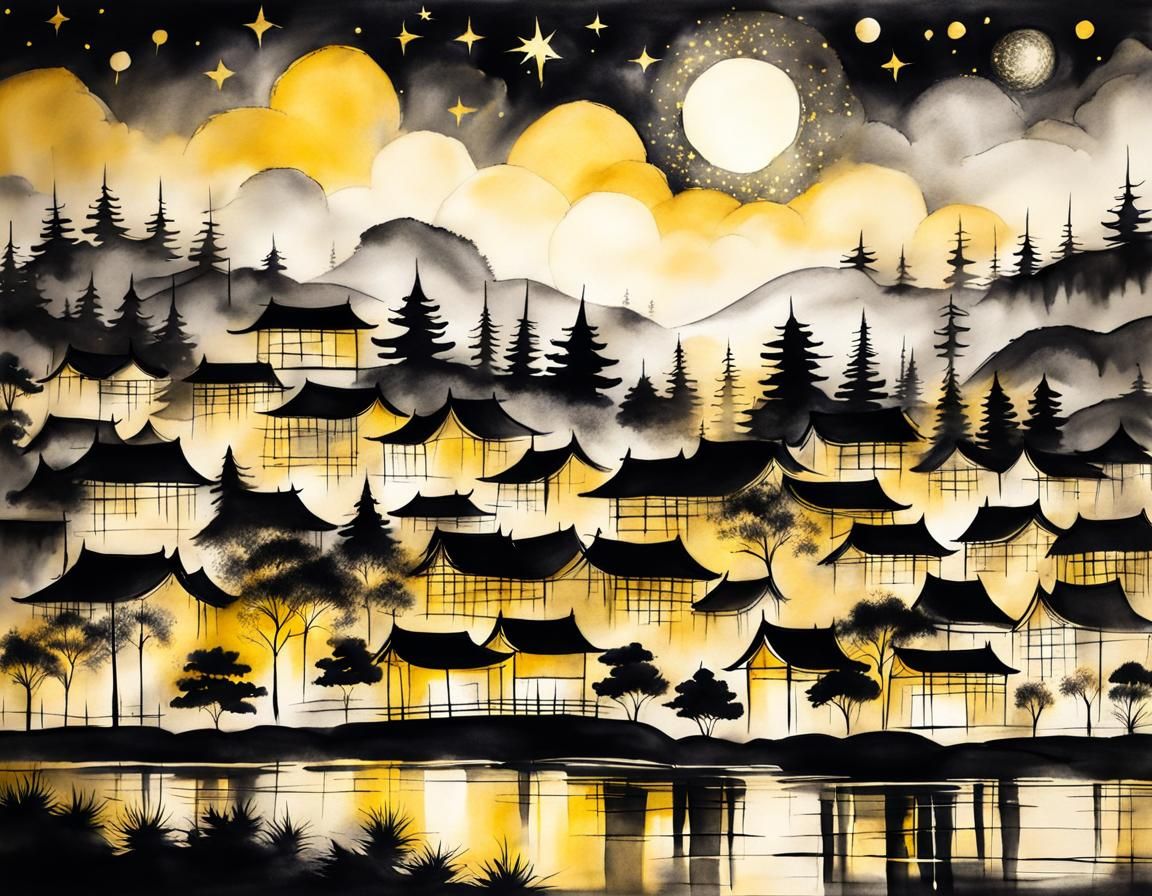 Peaceful Sumi-e Cityscape Under Starry Night