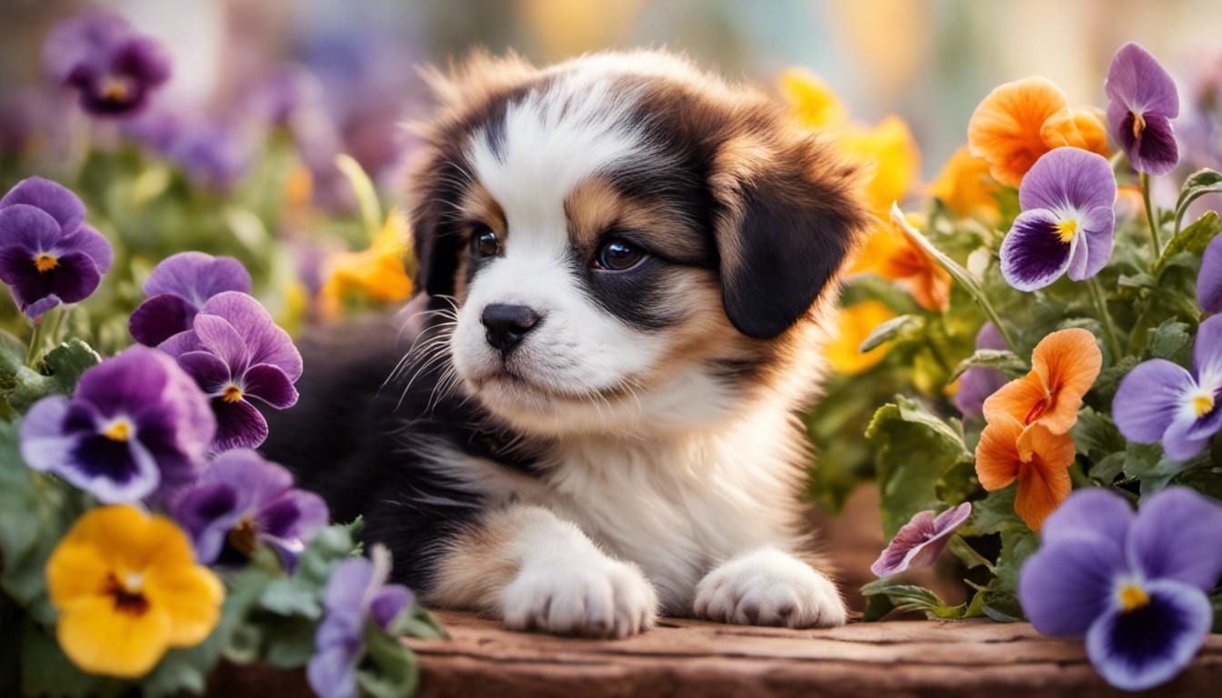 Adorable Puppy and Kitten Amongst Pansies: Graffiti Art