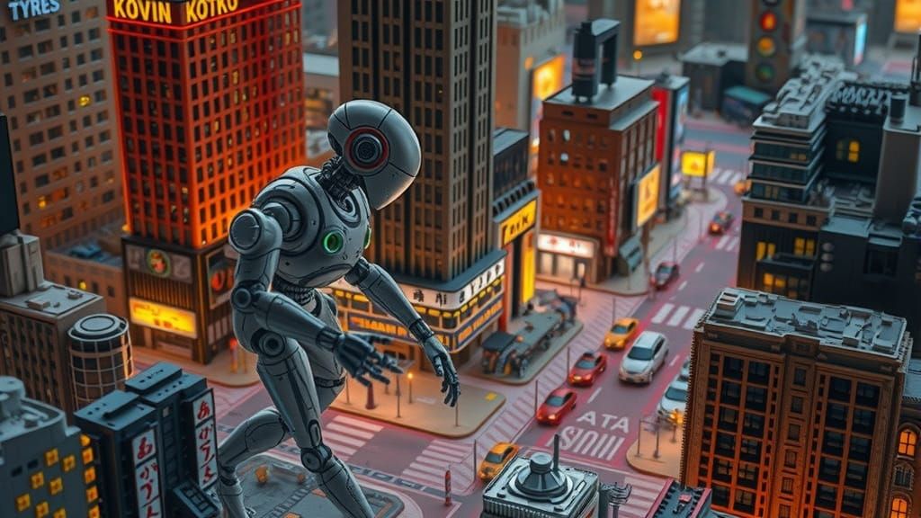 Futuristic Robot Explores Miniature City in Syd Mead-Inspire...