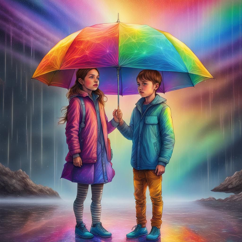 Rainbow vs Gray: Astral Illustration of Children
