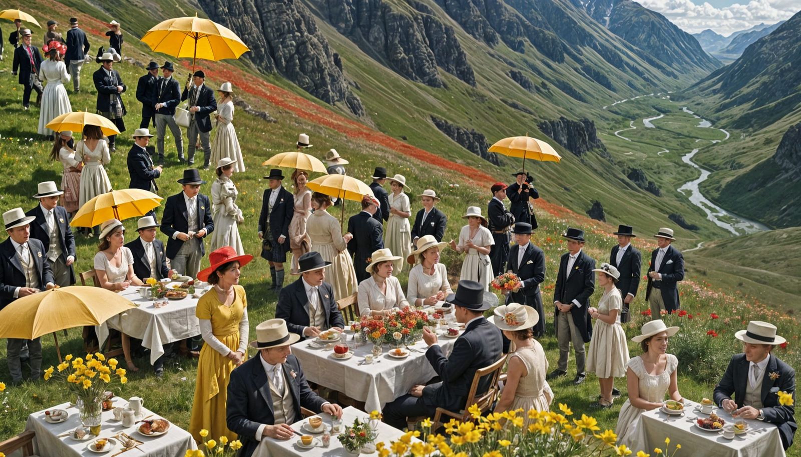 Vivid Red Mountain Flowers in Valley Scene