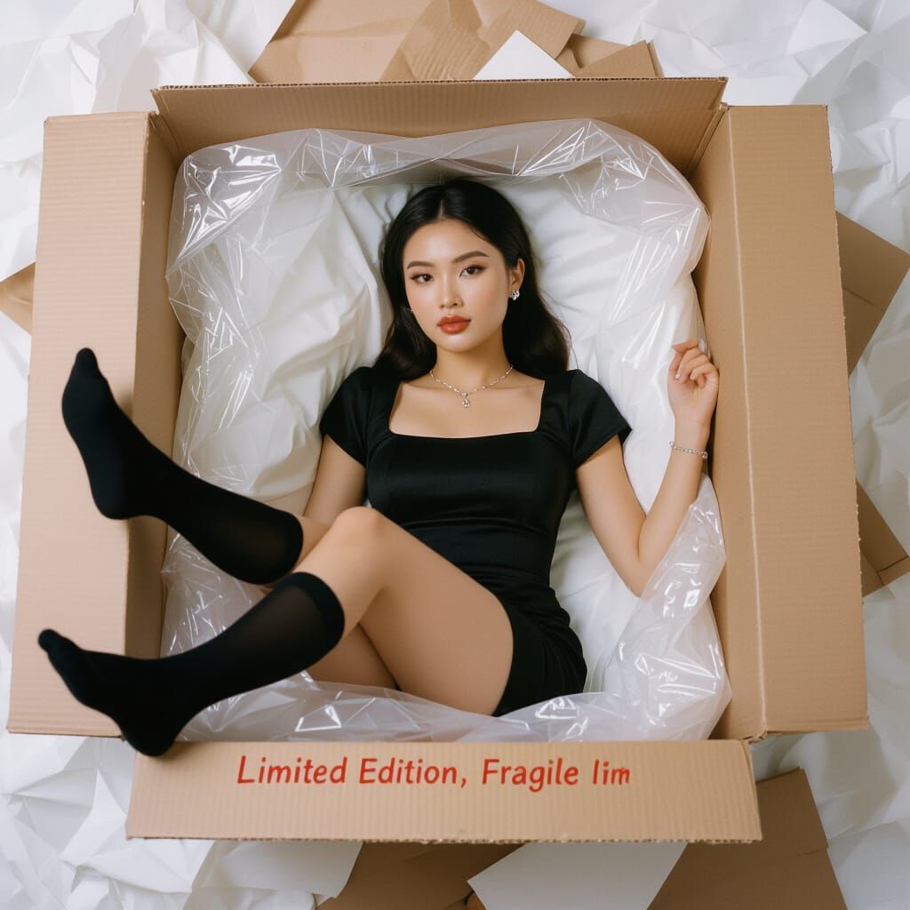 Cinematic Film Still of Woman in Cardboard Box