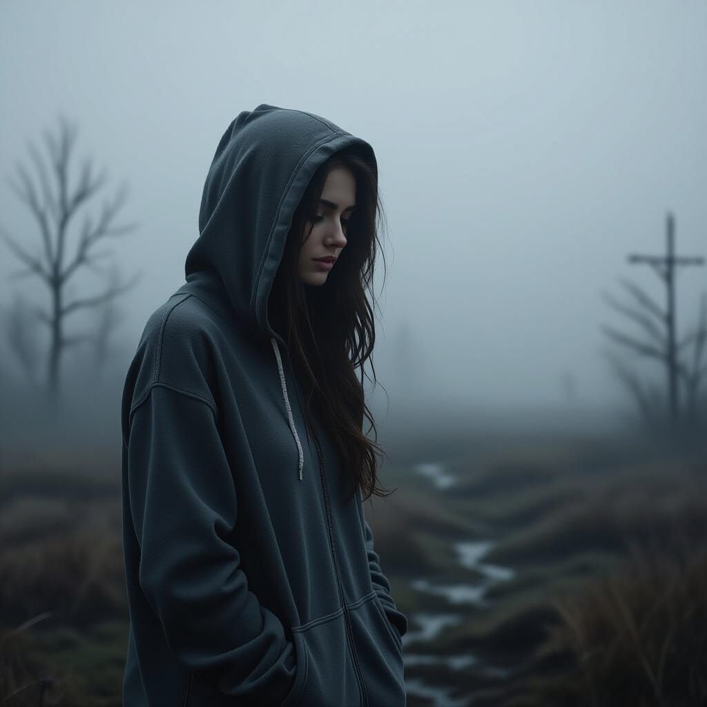 Melancholic Woman in Foggy Landscape, Inspired by Rothko