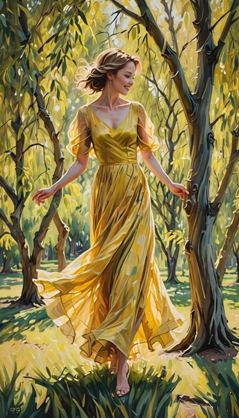 Woman in Yellow Dress Dancing Among Willows