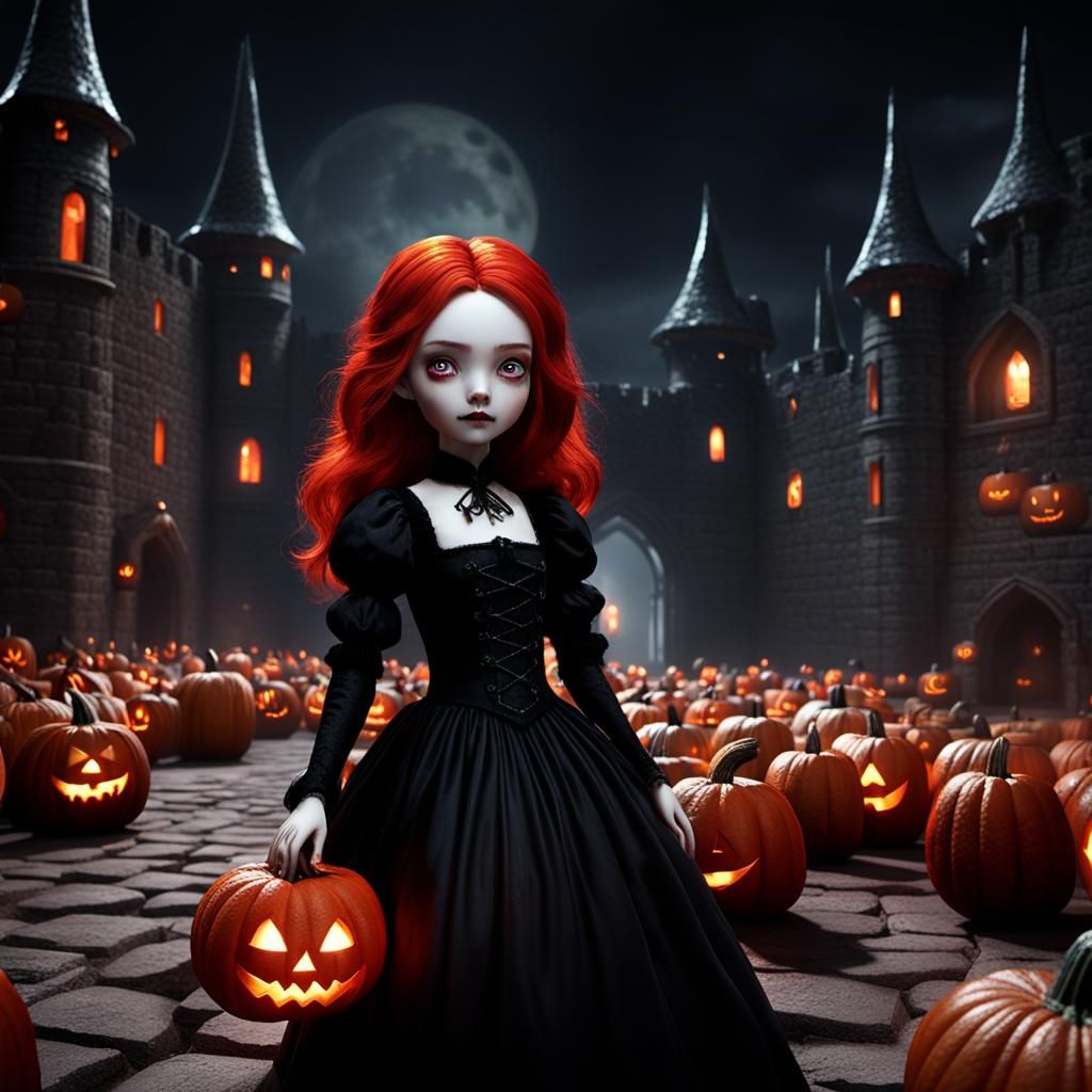 Gothic Doll in Dark Castle with Pumpkins